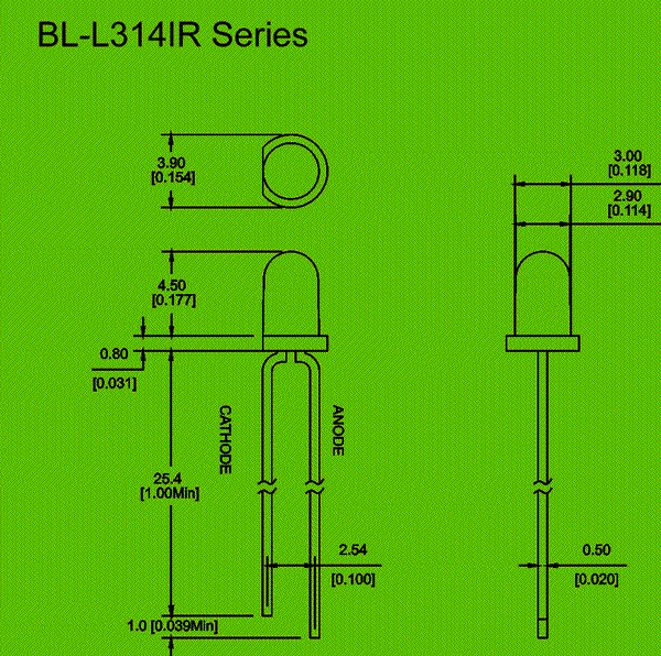3mm Infrared Emitting Diodes circuit and dimension IR LED 3mm Package diagram